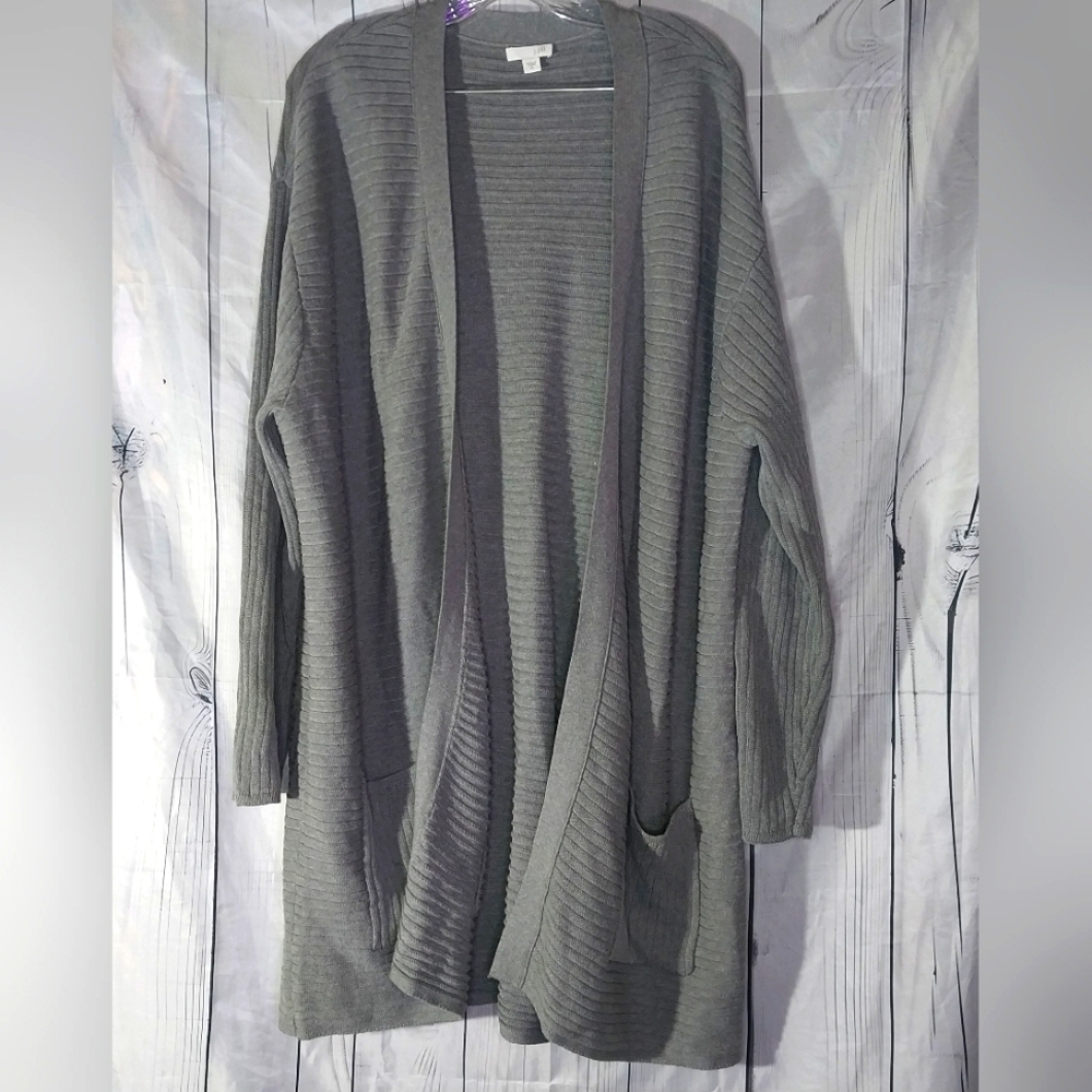 J.JILL gray wide ribbed open drapey casual cozy cardigan sweater